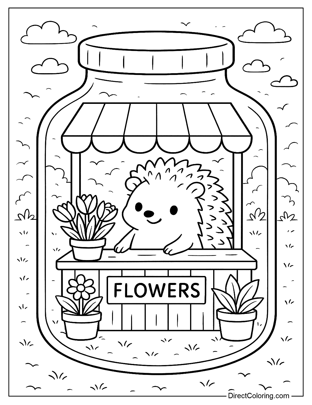 A hedgehog selling flowers in a jar, with a flower stand, potted plants, and fresh flowers
